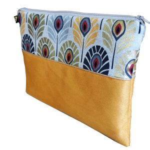 Trousse plate bicolore collection Plumes de paon jaune - L'Atelier du Bourget - Artisanat textile français